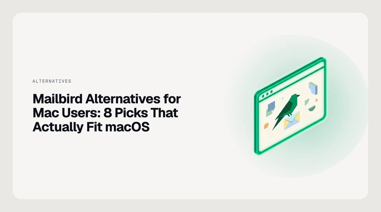 Mailbird alternatives for Mac Users — a stacked shortlist of eight Mac email clients on a green-tinted macOS window, the top row highlighted as the recommended pick