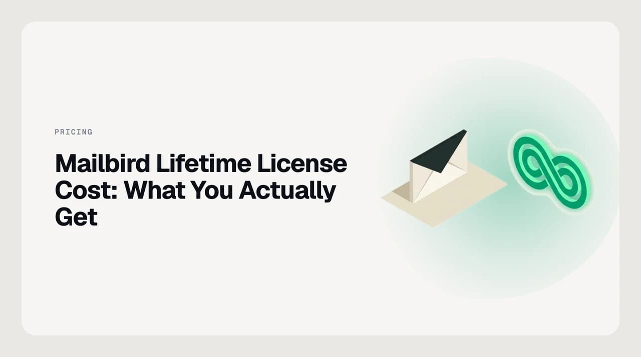 Illustration comparing the Mailbird lifetime license cost as a one-time payment against a renewing updates add-on on a second track