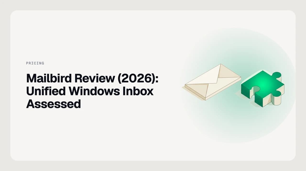 Illustration for a Mailbird review: one desktop window merging several mailbox streams into a single list, beside a narrow column of app tiles.