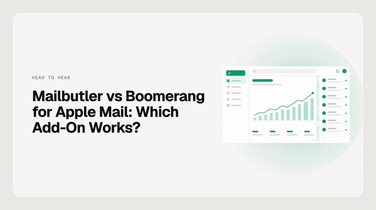Comparison illustration for Mailbutler vs Boomerang for Apple Mail, showing one add-on docked inside a Mail.app sidebar and the other sitting outside it in a separate browser window