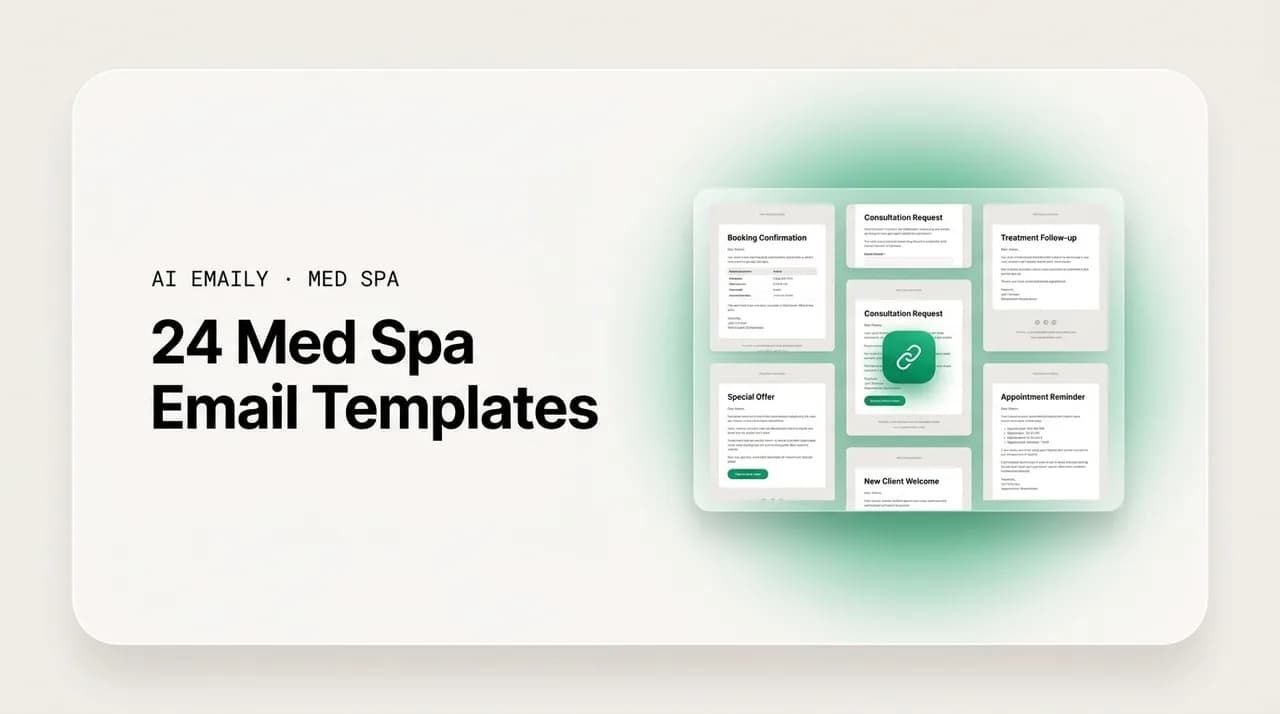 AI Emaily blog cover for med spa email templates, showing a library of consult templates that book appointments