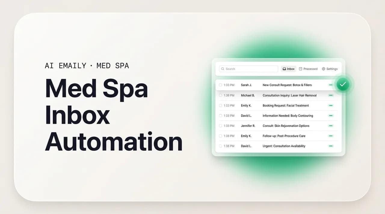 AI Emaily blog cover for med spa inbox automation, showing an inbox capturing every consult request