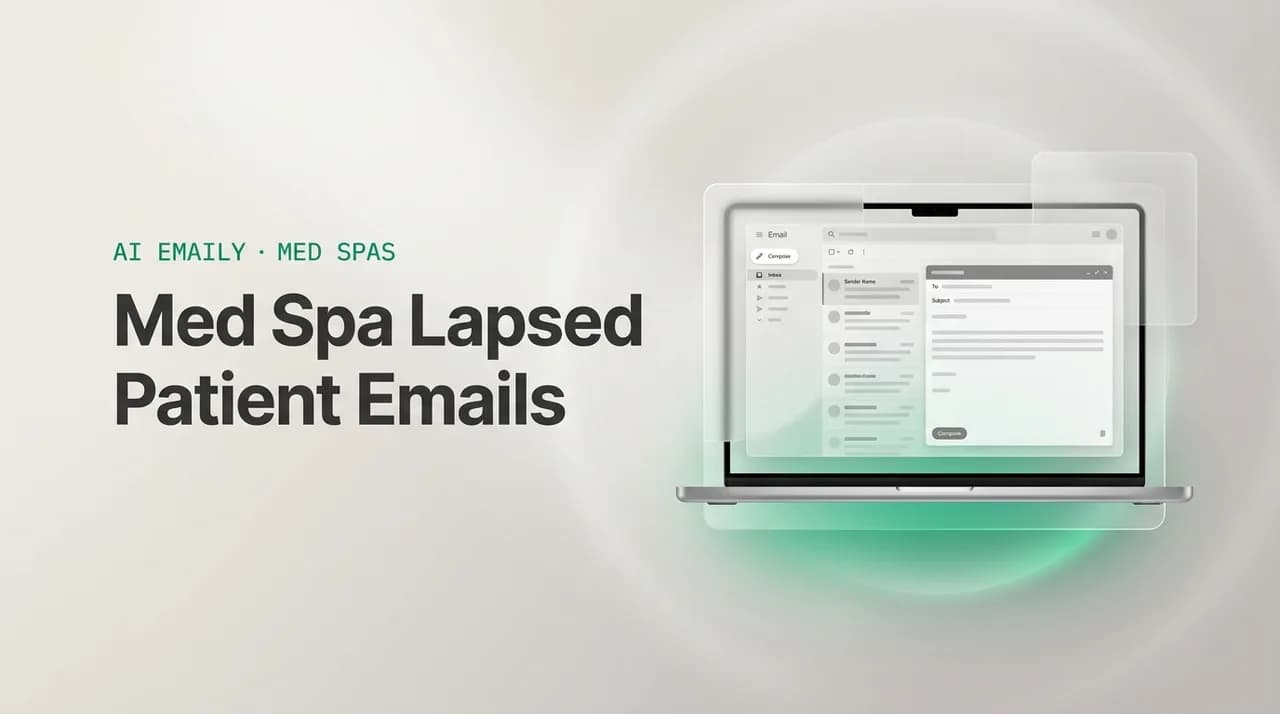 AI Emaily blog cover for med spa patient reactivation email, showing an AI email client on a laptop with the headline Med Spa Lapsed Patient Emails
