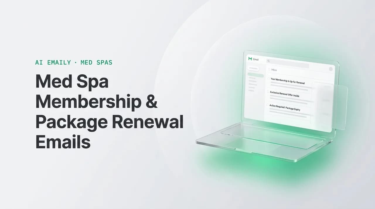 AI Emaily blog cover for med spa membership renewal email, showing an AI email client on a laptop with the headline Med Spa Membership & Package Renewal Emails