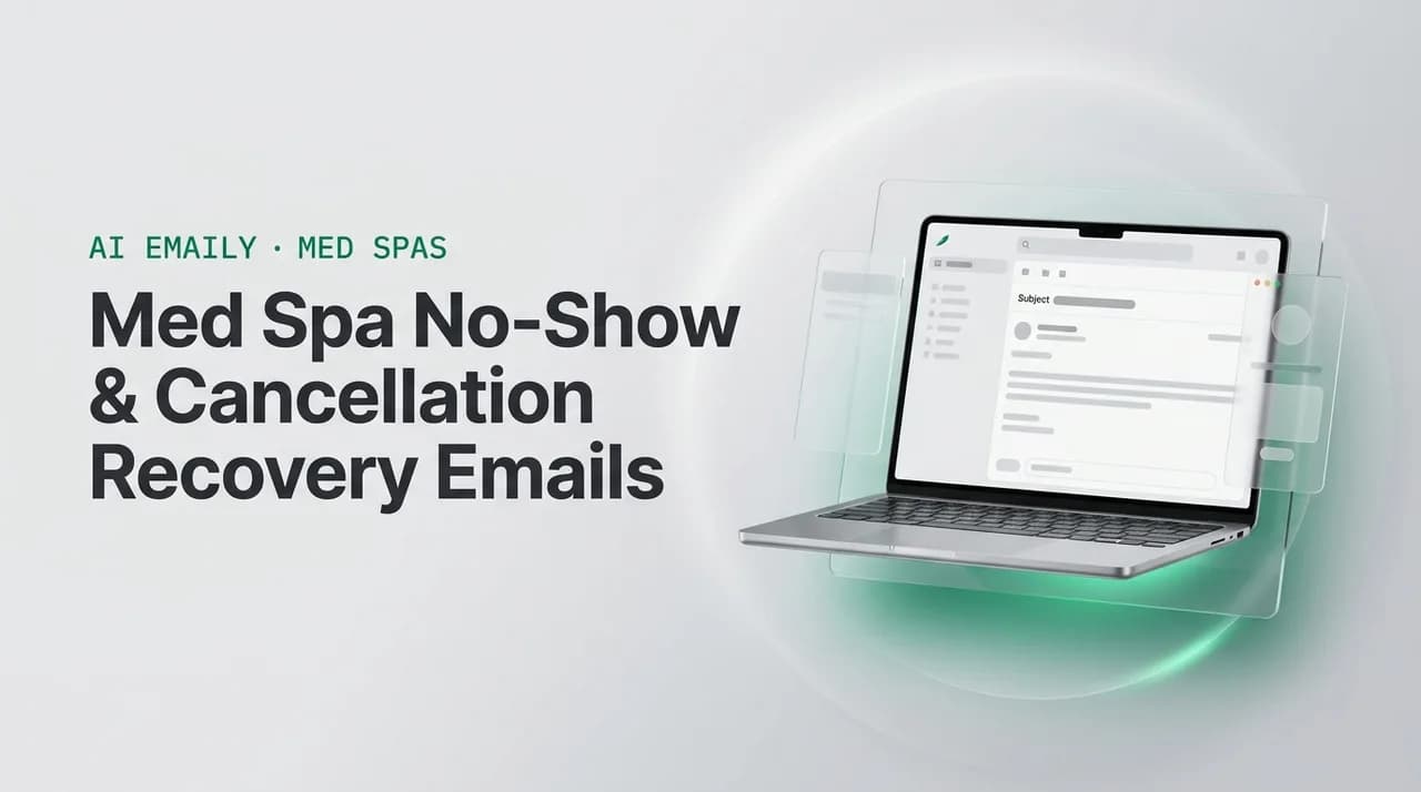 AI Emaily blog cover for med spa no-show email, showing an AI email client on a laptop with the headline Med Spa No-Show & Cancellation Recovery Emails