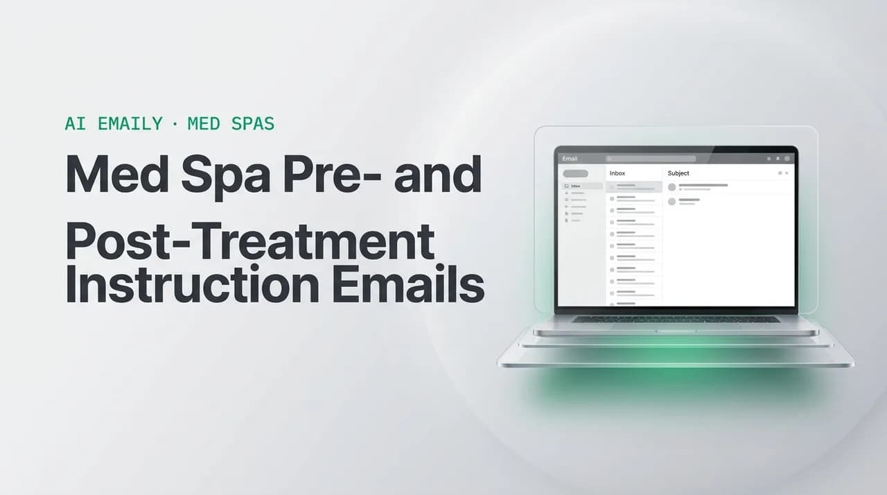 AI Emaily blog cover for med spa pre treatment email, showing an AI email client on a laptop with the headline Med Spa Pre- and Post-Treatment Instruction Emails