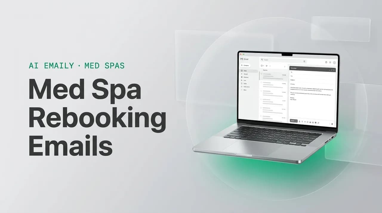 AI Emaily blog cover for med spa rebooking email, showing an AI email client on a laptop with the headline Med Spa Rebooking Emails