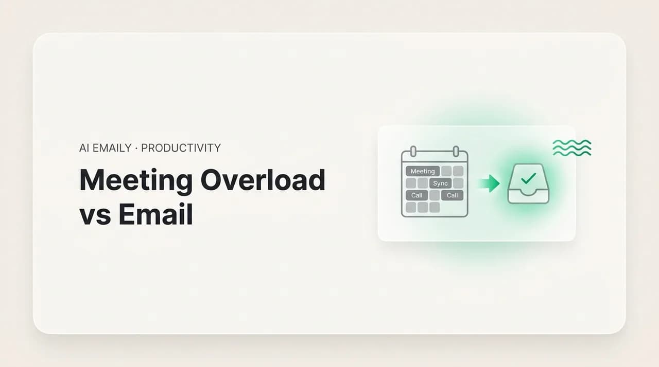 AI Emaily blog cover for meeting overload vs email, showing a packed meeting calendar weighed against inbox time