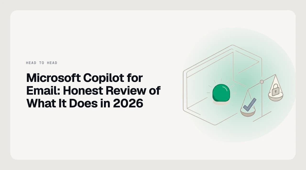 Microsoft Copilot for email features review — an abstract Outlook inbox with an AI summarisation pane, a draft-with-Copilot compose box, and a priority ribbon on top messages