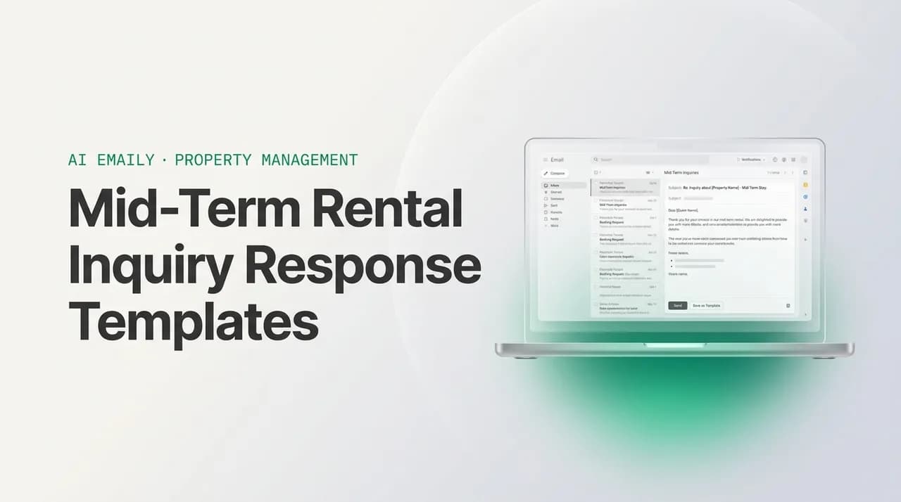 AI Emaily blog cover for mid-term rental inquiry email template, showing an AI email client on a laptop with the headline Mid-Term Rental Inquiry Response Templates