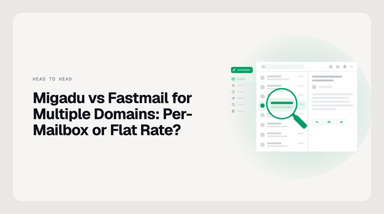Comparison illustration for Migadu vs Fastmail for multiple domains, showing one flat metered account on one side and stacked per-user seats on the other