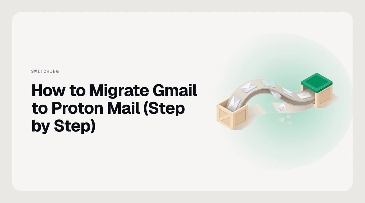 Gmail to Proton Mail migration — a Gmail envelope moving into a Proton Mail shield, representing the Easy Switch import process
