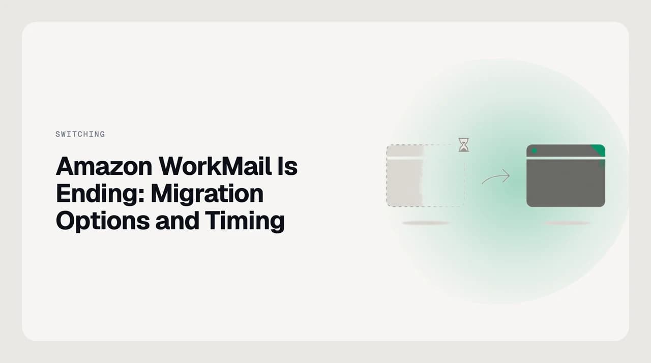 Timeline diagram showing Amazon WorkMail's end-of-life migration options moving mailbox data from AWS to a new email provider before the shutdown deadline