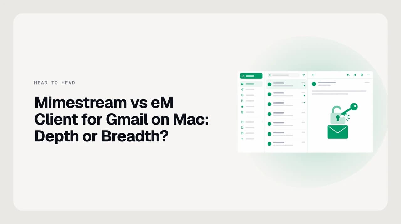 Split illustration comparing Mimestream and eM Client for Gmail on Mac — a single deep Gmail column against a wide row of mixed provider accounts
