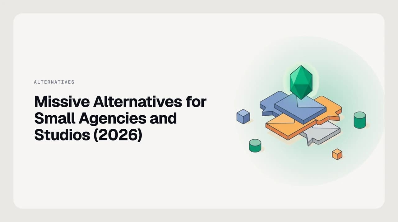 Illustration comparing Missive alternatives for small agencies and studios managing multiple client inboxes, freelancer access and per-client tone in 2026.