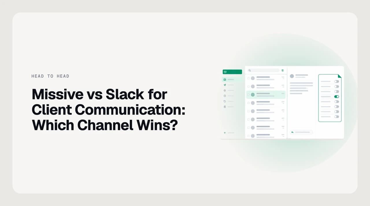 Missive vs Slack for client communication: a shared email inbox holding an ordered client record on one side, a chat workspace with fast-moving message threads on the other