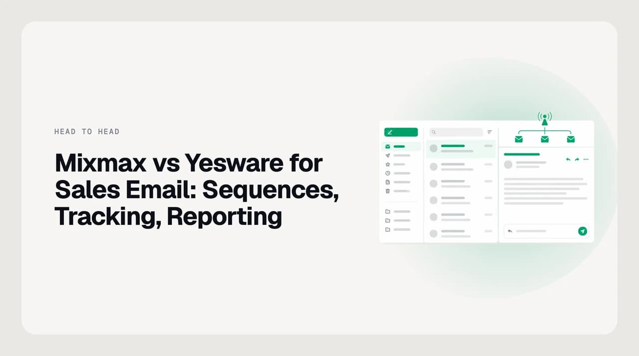 Split illustration comparing Mixmax and Yesware for sales email, with sequence steps on one side and tracking and CRM reporting on the other