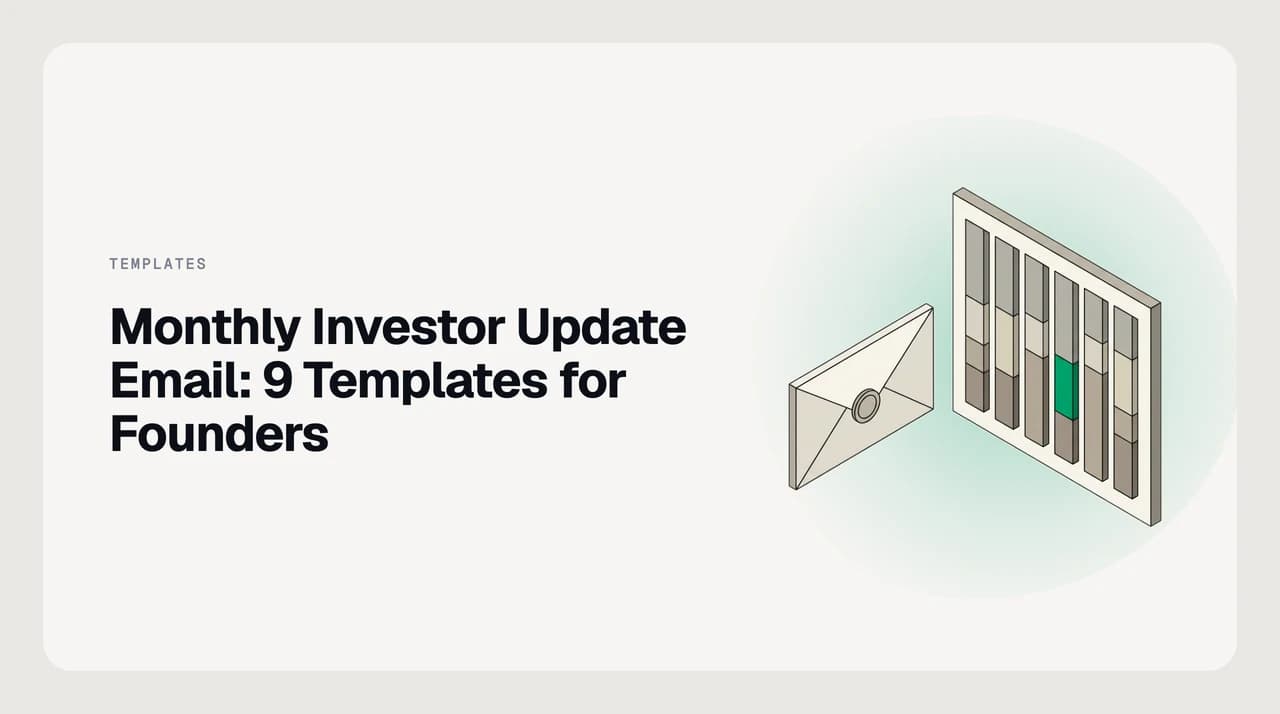 Monthly investor update email templates for startup founders, showing a structured update with metrics, highlights, lowlights, runway, and asks sections