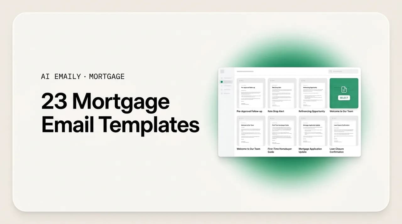AI Emaily blog cover for mortgage email templates, showing a library of ready-to-use templates