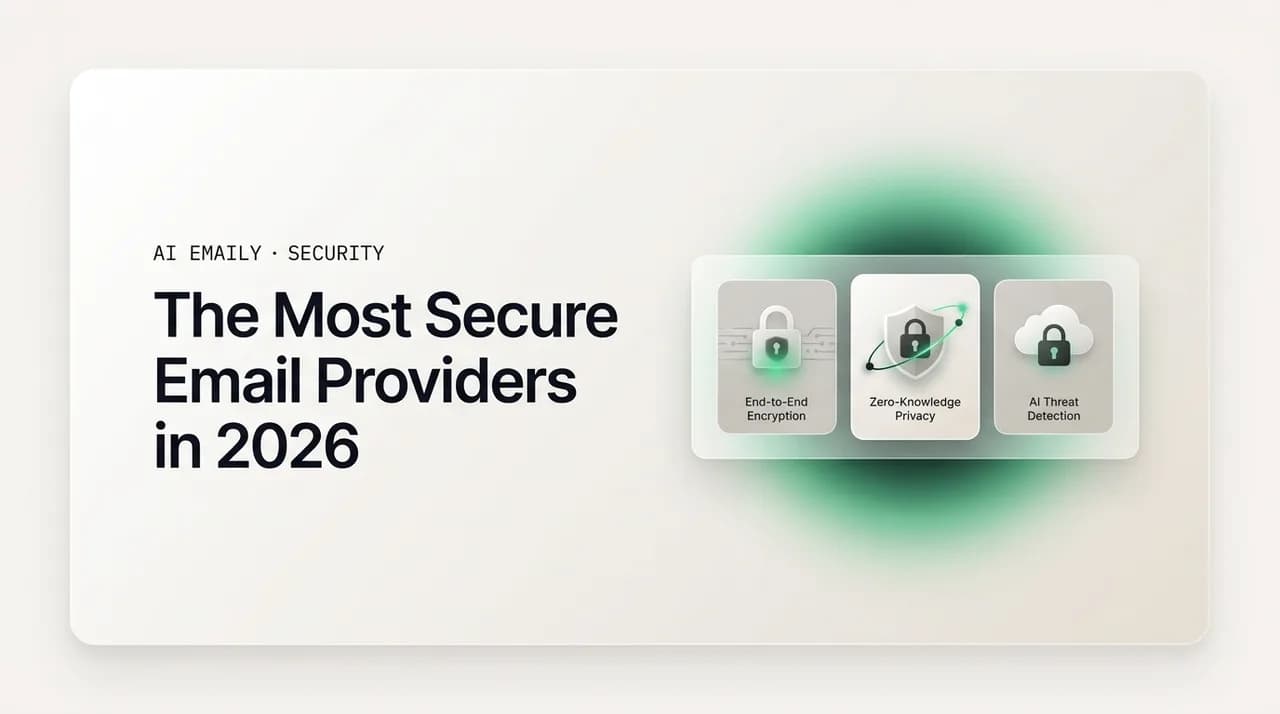 AI Emaily blog cover for most secure email providers, showing secure provider cards with lock badges