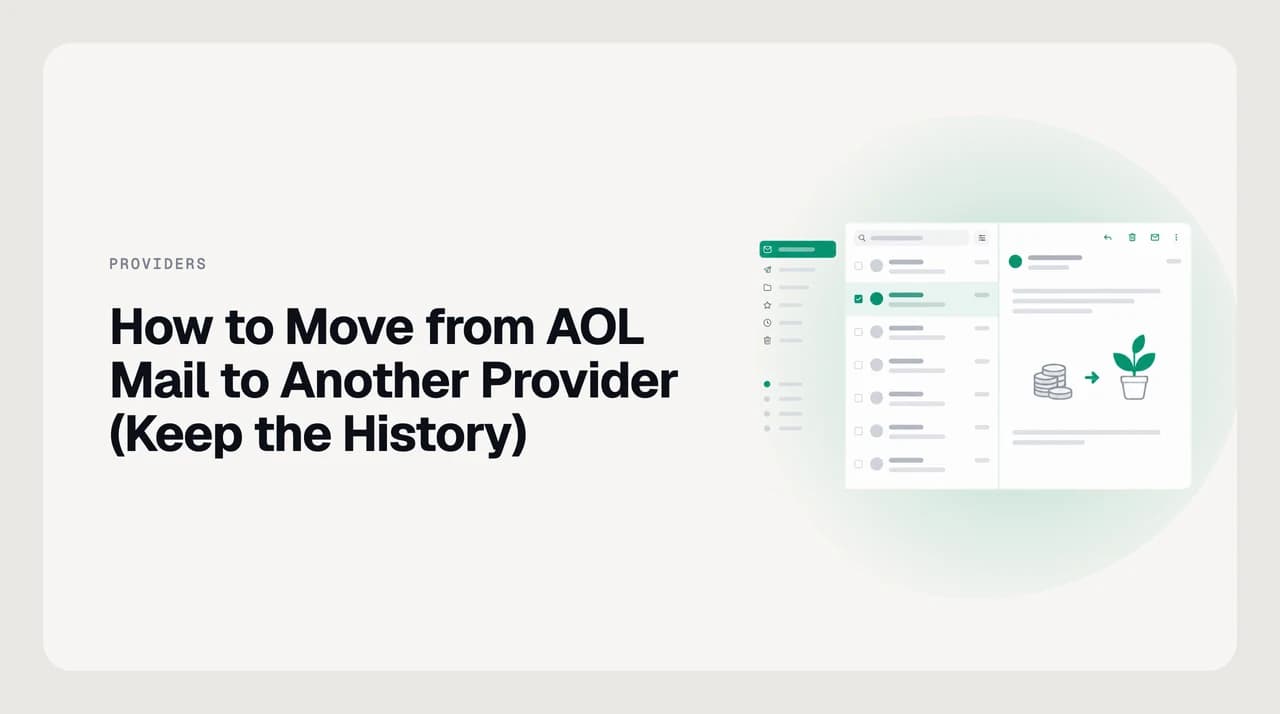 Diagram of moving from AOL Mail to another provider: mail copied over IMAP into a new mailbox, forwarding switched on, and account logins repointed to the new address