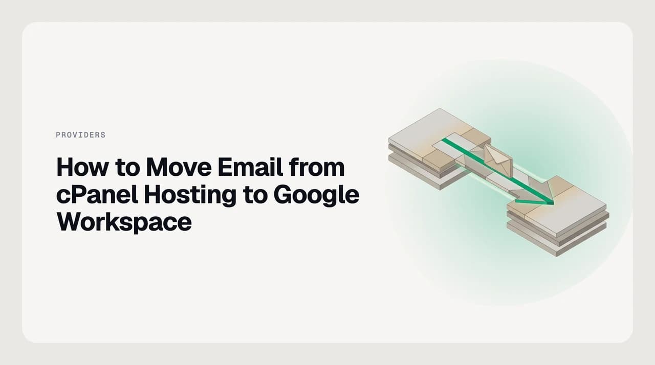 Illustration of a cPanel-to-Google-Workspace email migration showing MX record updates and mailbox import steps flowing from a hosting server to Google Workspace