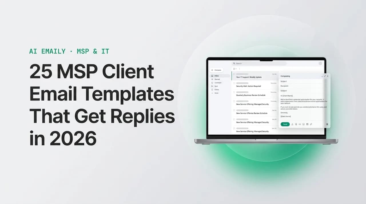AI Emaily blog cover for MSP client email templates, showing an AI email client on a laptop with the headline 25 MSP Client Email Templates That Get Replies in 2026