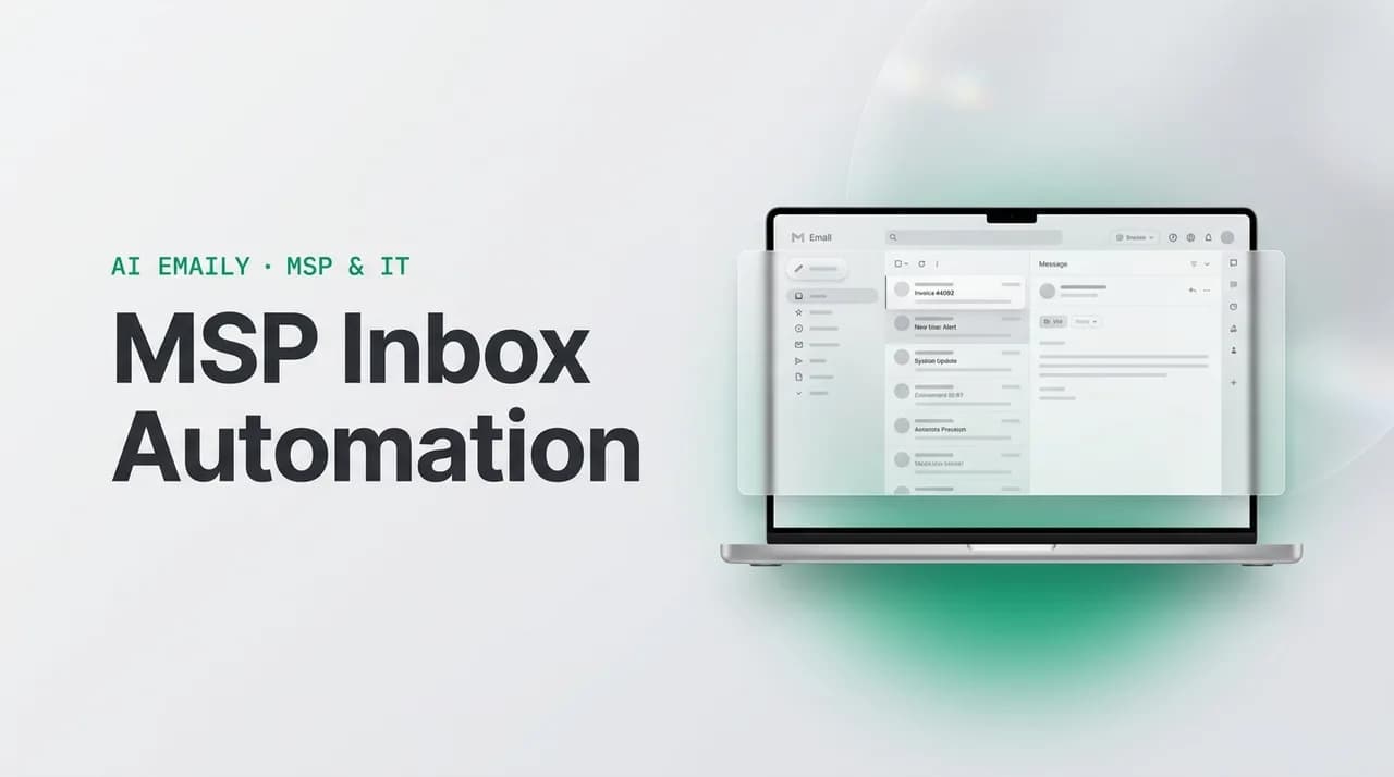 AI Emaily blog cover for MSP inbox automation, showing an AI email client on a laptop with the headline MSP Inbox Automation