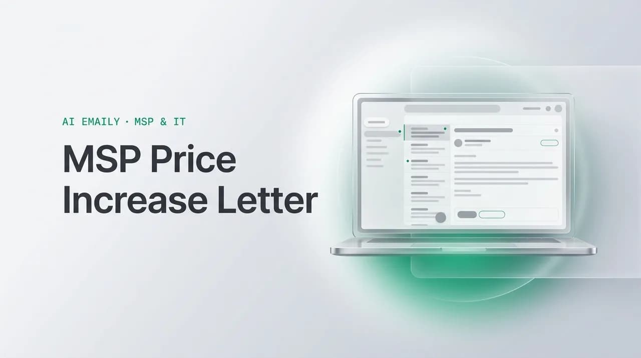 AI Emaily blog cover for MSP price increase letter, showing an AI email client on a laptop with the headline MSP Price Increase Letter