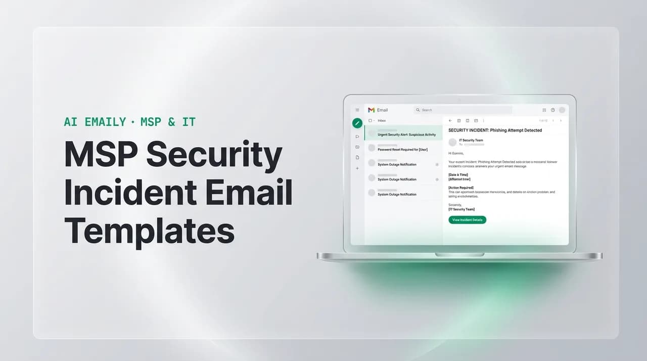 AI Emaily blog cover for MSP security incident notification email, showing an AI email client on a laptop with the headline MSP Security Incident Email Templates