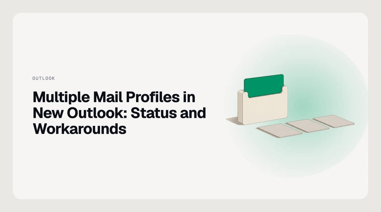 Multiple mail profiles in new Outlook: two separate client configuration sets on one side, and a single new Outlook window holding several accounts on the other