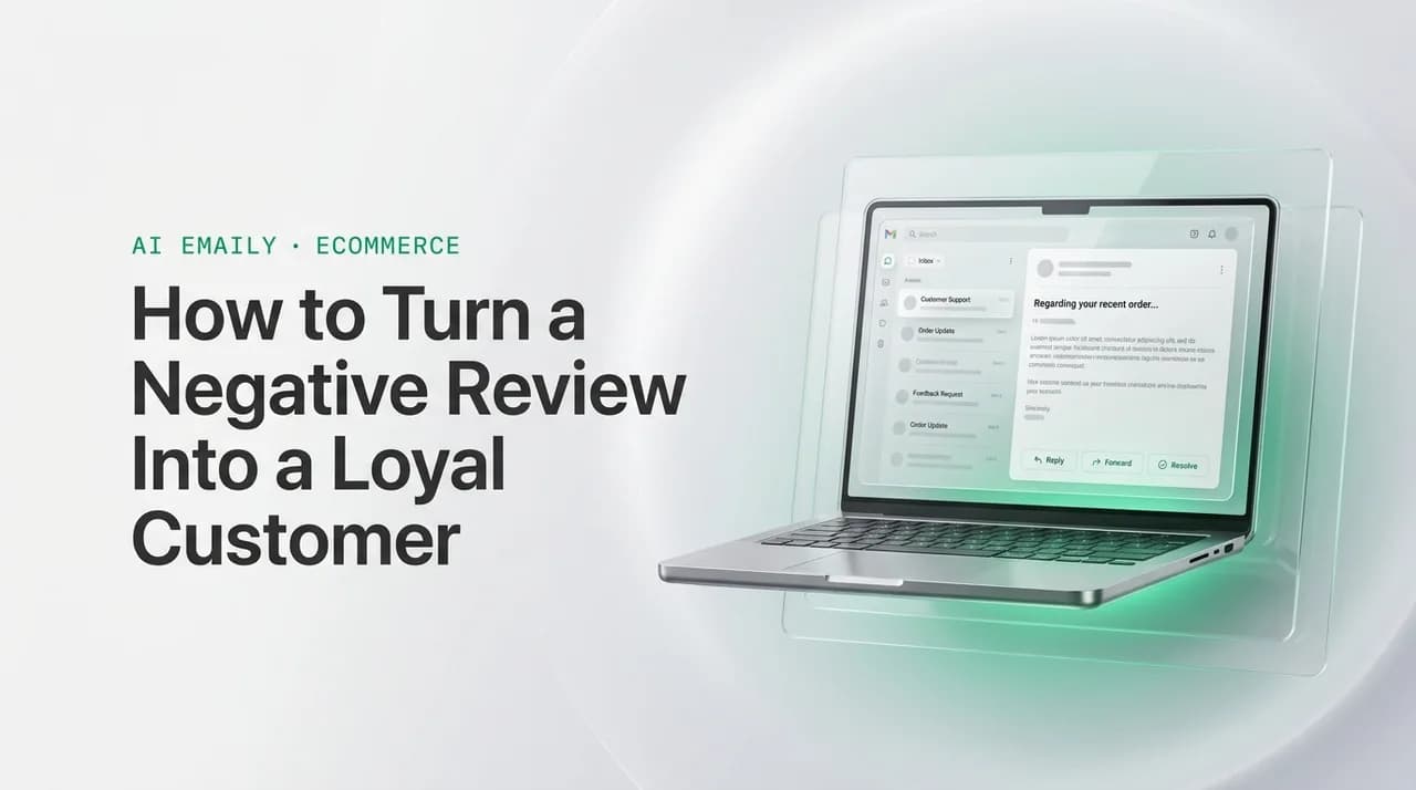 AI Emaily blog cover for negative review response email ecommerce, showing an AI email client on a laptop with the headline How to Turn a Negative Review Into a Loyal Customer
