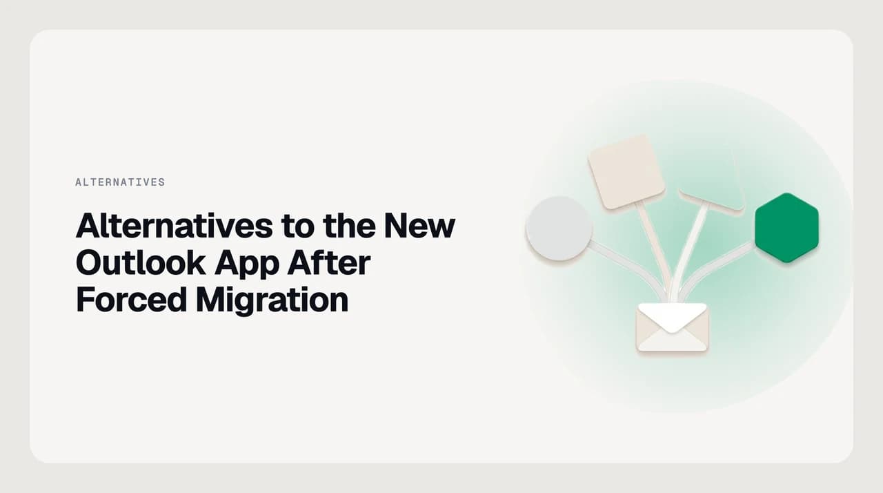 Alternatives to the new Outlook app: four paths shown side by side — classic Outlook, new Outlook, Outlook on the web, and a different email client