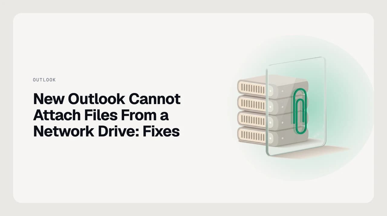 Illustration for new Outlook cannot attach files from a network drive: a mapped network share disconnected from a web-based email client's attach dialog