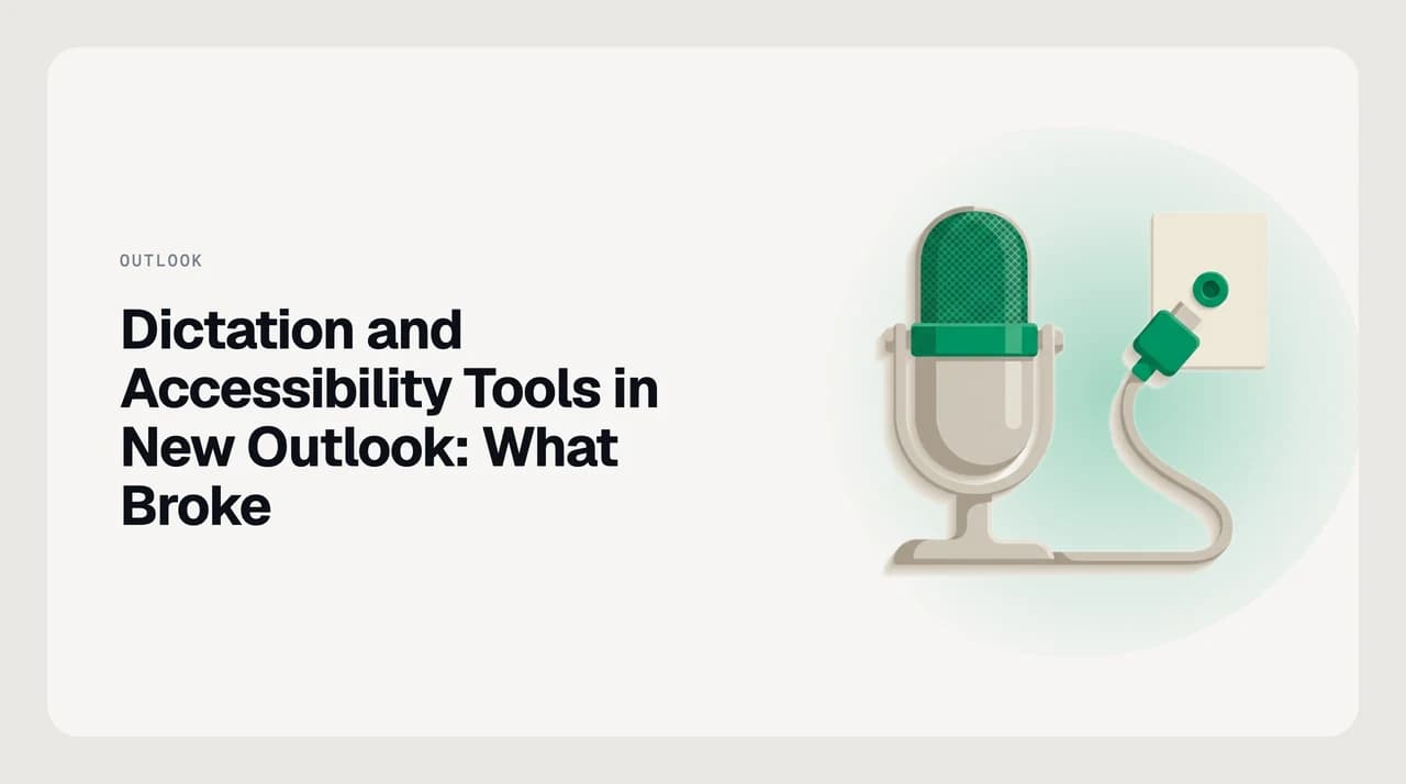 Illustration for dictation not working in new Outlook: a microphone and assistive-tool connectors left outside a web-based email window that no longer accepts them