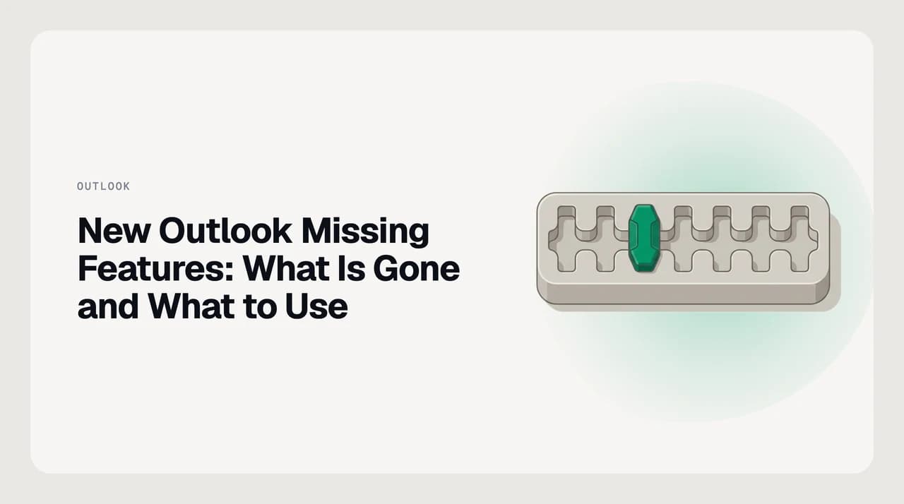 Illustration of the features missing in new Outlook: a checklist of classic Outlook capabilities where some rows are crossed out, some are half filled, and some are replaced by a different symbol