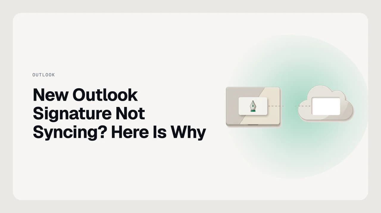 Illustration for a new Outlook signature not syncing: a signature file stranded on one desktop PC while a cloud-stored copy reaches a laptop, browser and phone