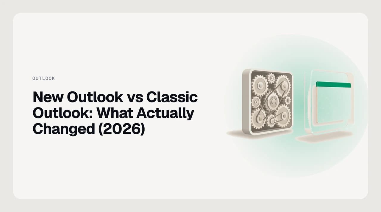 New Outlook vs classic Outlook differences: a web-architected client shell beside a traditional Windows desktop application, with the capabilities they share picked out in green