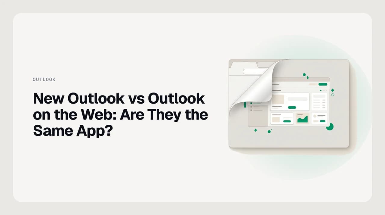 New Outlook vs Outlook on the web: the same email interface drawn twice, once inside a Windows desktop app frame and once inside a browser tab, with the shared area picked out in green