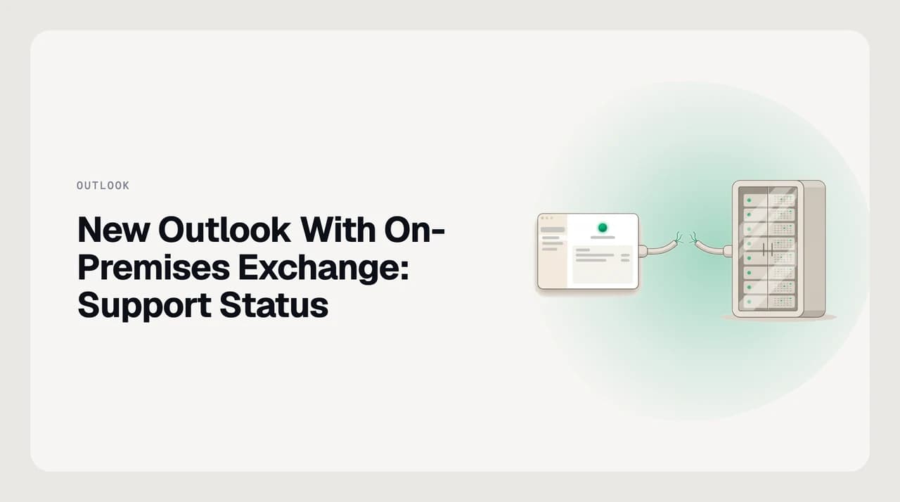Illustration for new Outlook with on-premises Exchange: a cloud-based Outlook client disconnected from an on-premises Exchange Server rack in a company server room