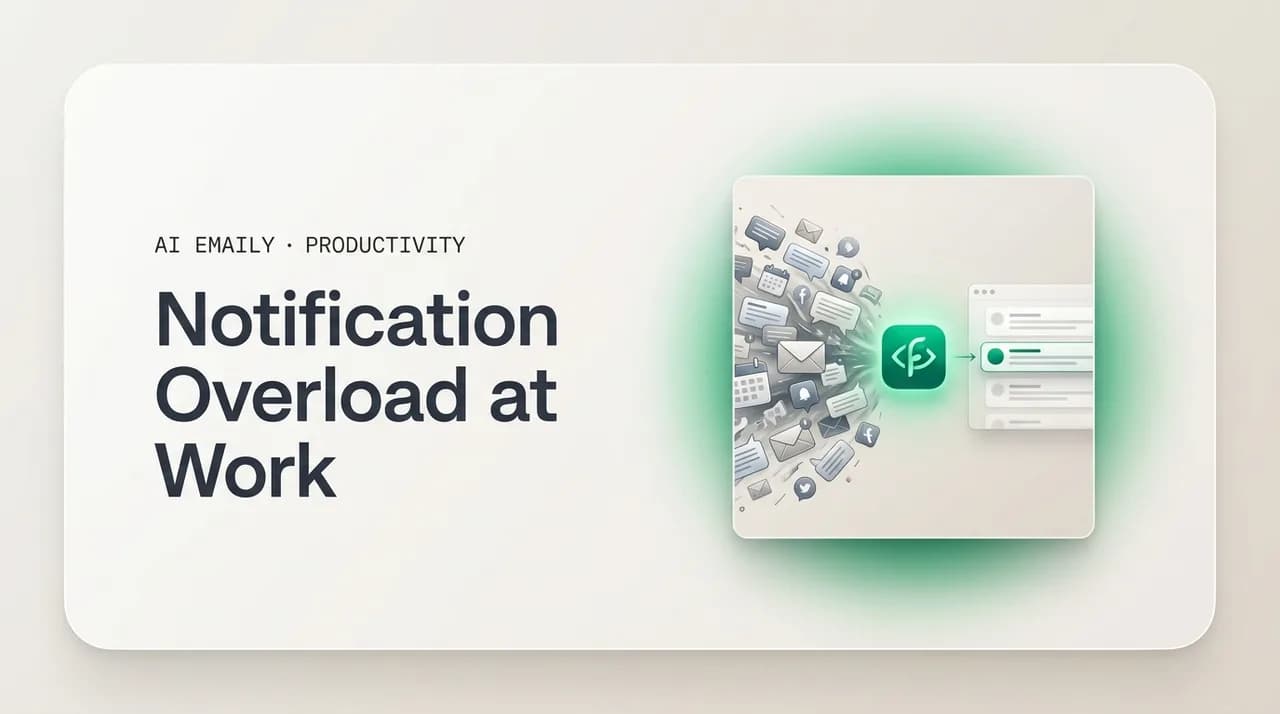 AI Emaily blog cover for notification overload at work, showing work pings quieted to restore focus