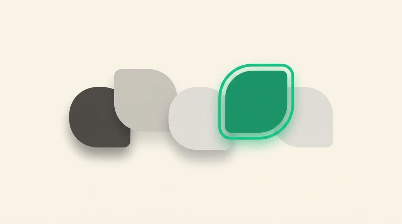 Five email tool options shown as rounded containers in a row, with one lifted and outlined in green to mark the chosen alternative