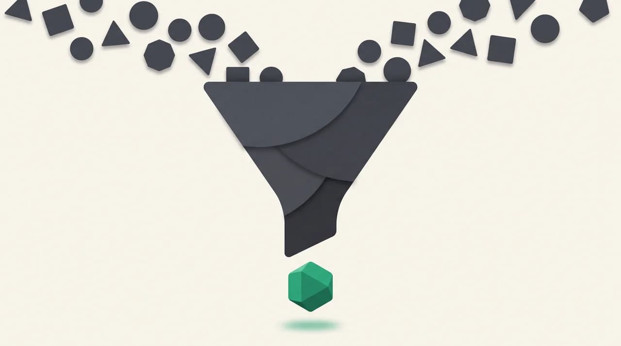 A funnel narrowing several email tool options down to a single one emerging at the bottom, representing shortlisting by criteria