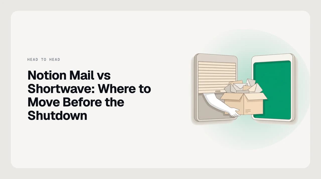 Notion Mail vs Shortwave comparison for users moving before the September 2026 shutdown, showing two AI email clients on the same Gmail mailbox