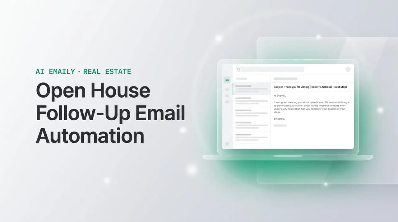 AI Emaily blog cover for open house follow up email automation, showing an AI email client on a laptop with the headline Open House Follow-Up Email Automation
