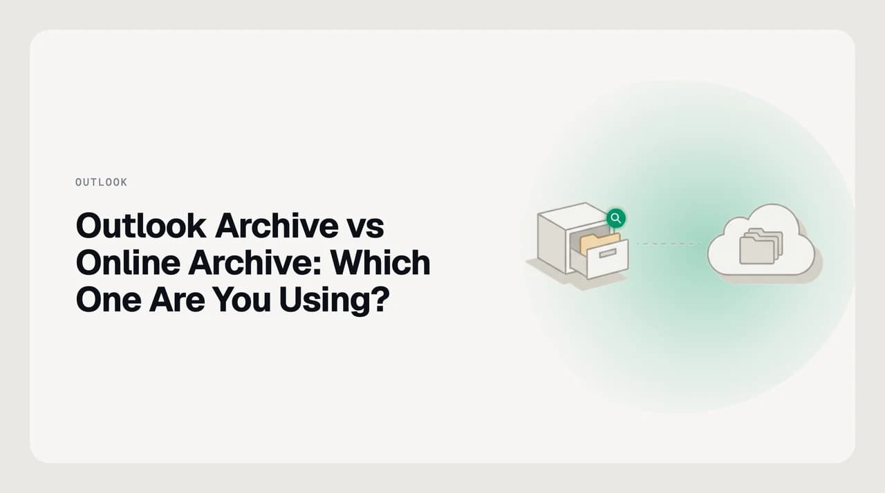 Split illustration comparing the Outlook Archive folder inside a primary mailbox against a separate Exchange Online Archive mailbox