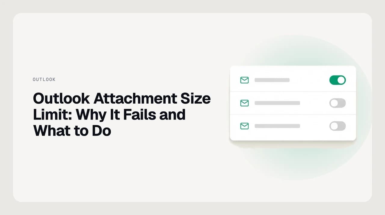 An oversized email attachment blocked at Outlook's attachment size limit, with a cloud storage link offered as the way through