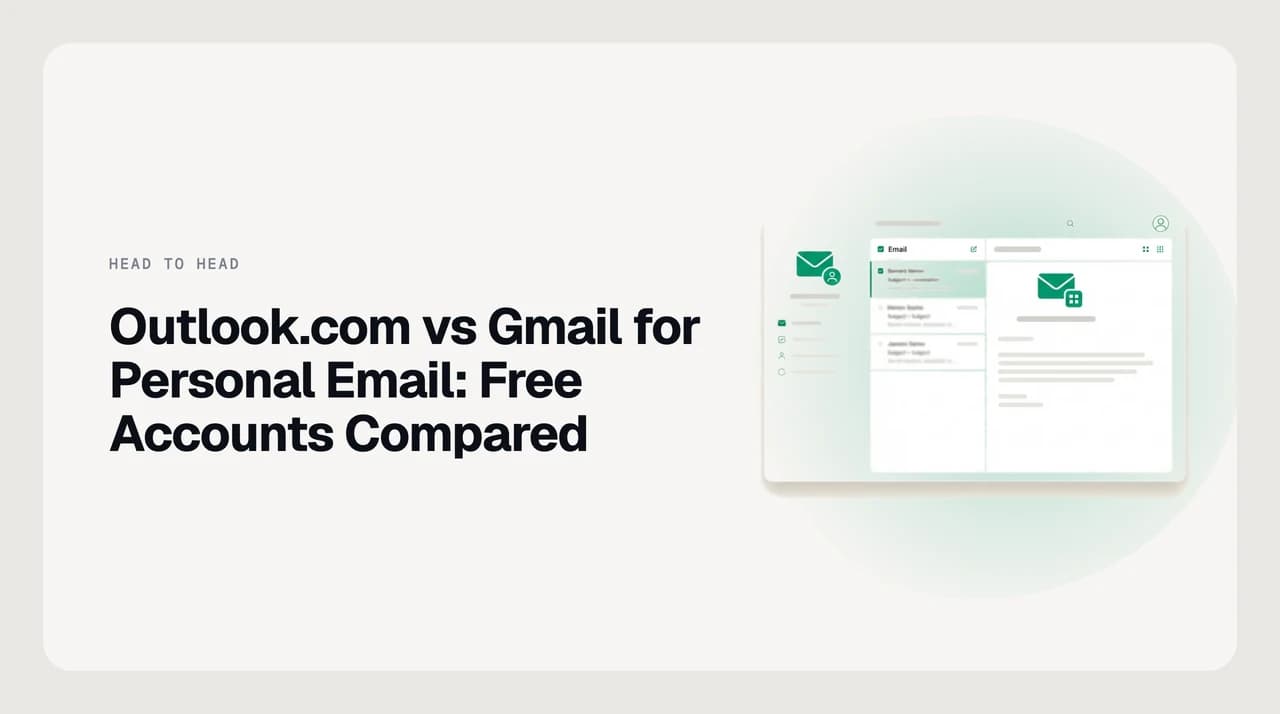 Side-by-side comparison of Outlook.com and Gmail free personal email accounts across storage, ads, aliases and IMAP access