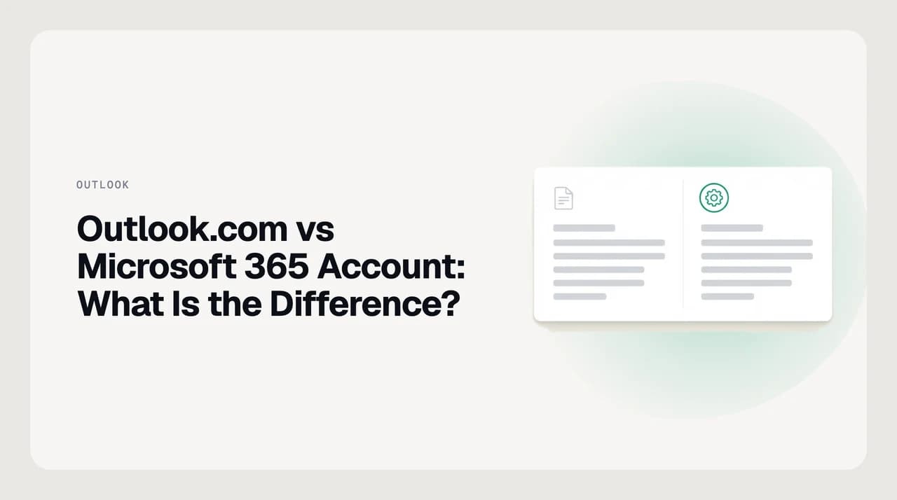 Illustration comparing an Outlook.com personal account with a Microsoft 365 work or school mailbox, showing the difference in storage, admin control, and compliance features.