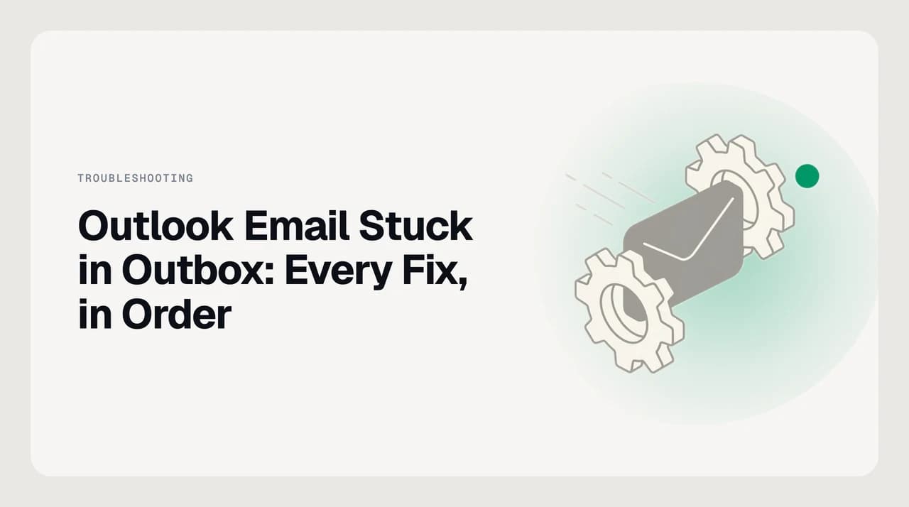 Illustration of an Outlook Outbox folder with an email visibly stalled and not moving to Sent Items